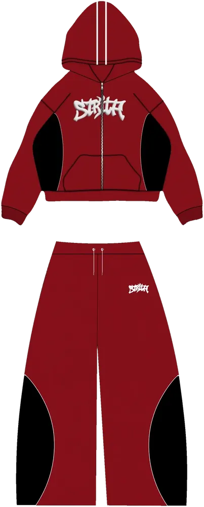 STRITA INFERNO SUIT: fire-red zip hoodie and wide-leg pants